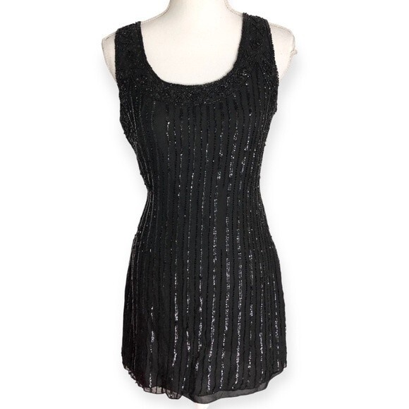 Prelude Black Fully Beaded Silk Sequin Mini Tank Dress - Picture 1 of 7